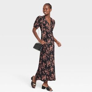 Target A New Day Black & Terracotta Floral Puff Sleeve Maxi Dress Size Large
